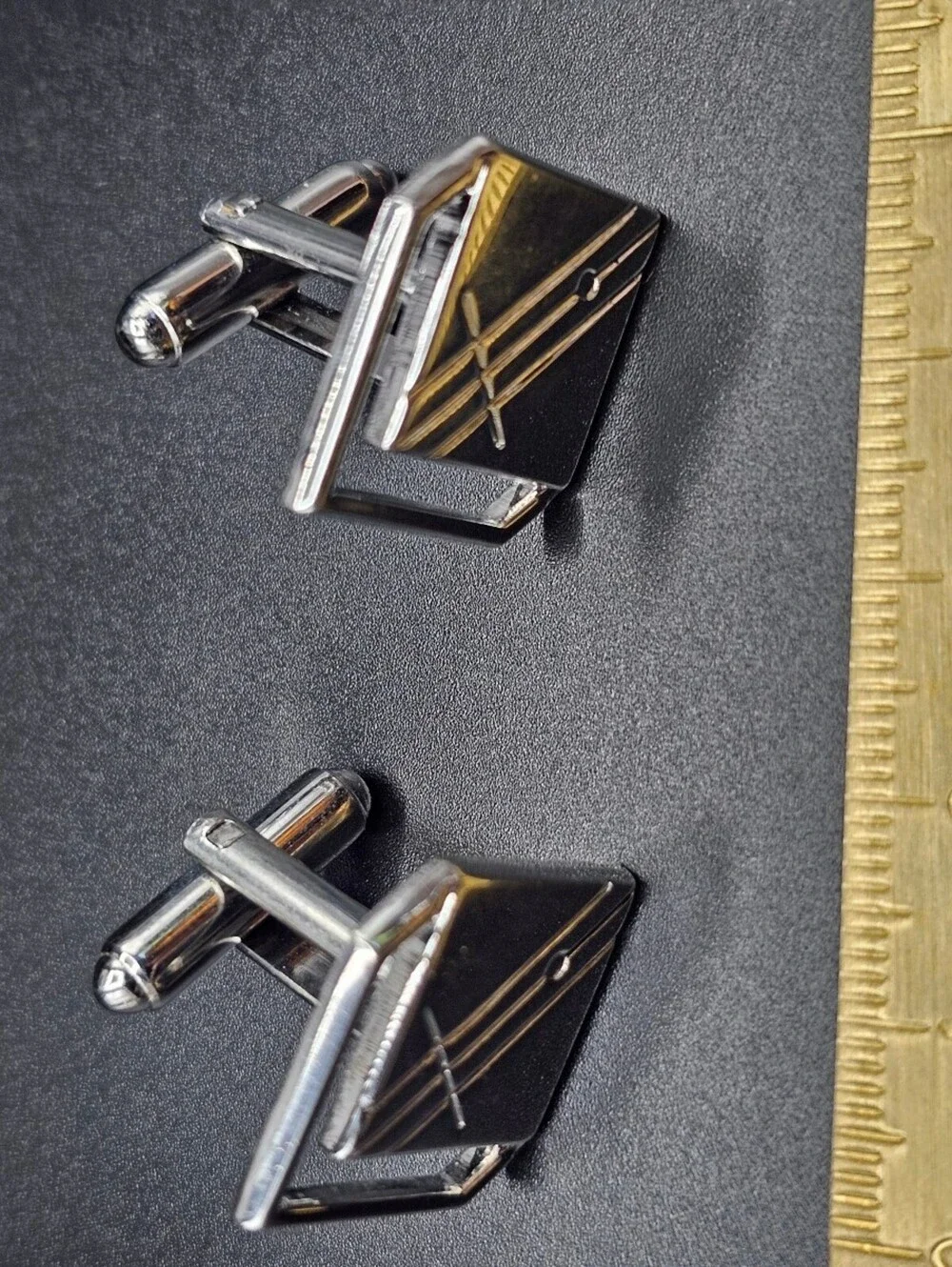 Vintage Silver Tone Geometric Square Cufflinks with Black Detailing